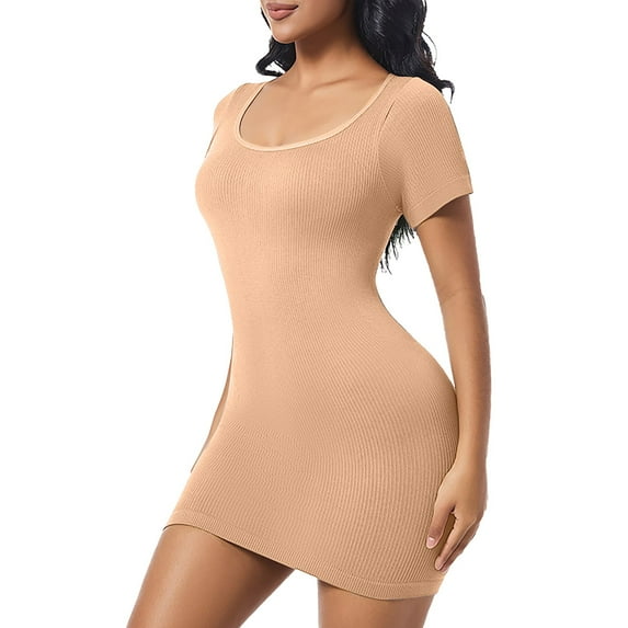 POIUYTR Women's Shapewear Tummy Control Short Sleeve Shapewear, Ribbed Shapewear Dress Slips for Women Seamless Dress for Under Dresses