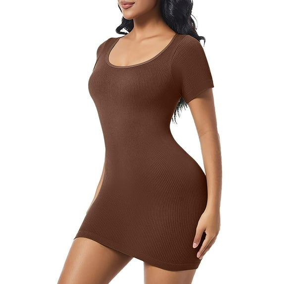POIUYTR Women's Shapewear Tummy Control Short Sleeve Shapewear, Ribbed Shapewear Dress Slips for Women Seamless Dress for Under Dresses