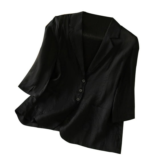 POIUYTR Blazer for Womens 3/4 Sleeve Notch Lapel Open Front Button Dwon Linen Suit Jackets Casual Lightweight Cardigan Outwear with Pockets