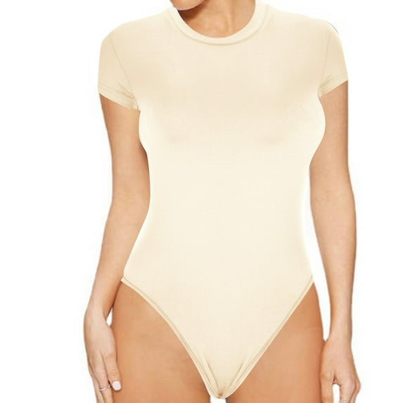 POIUYTR Bodysuit for Women Tummy Control Shapewear Thong Shaping One Piece Round Neck Short Sleeve T Shirts Basic Bodysuits Jumpsuits