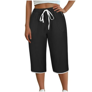 POIUYTR Capri Pants for Women Plus Size Summer High Waisted Drawstring Wide Leg Cropped Pants Casual Lounge Cotton Linen Pants with Pockets