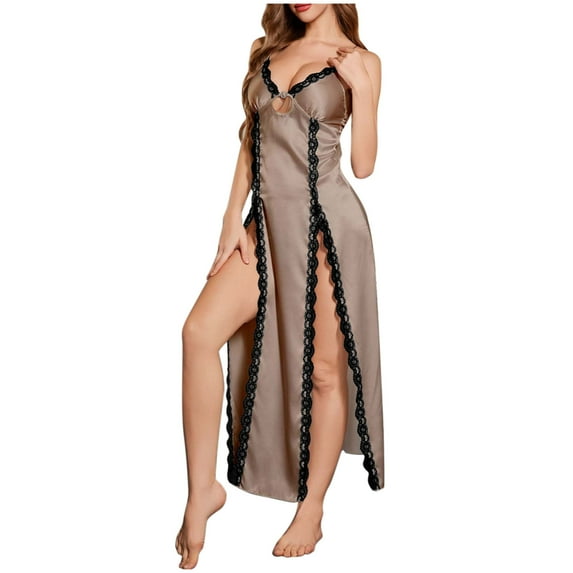 POIUYTR Lace Trim Chemise Nightgown - Silky Satin Side Split Sleep Dress, Strappy V-Neck for Bridal or Date Nights
