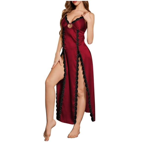 POIUYTR Lace Trim Chemise Nightgown - Silky Satin Side Split Sleep Dress, Strappy V-Neck for Bridal or Date Nights