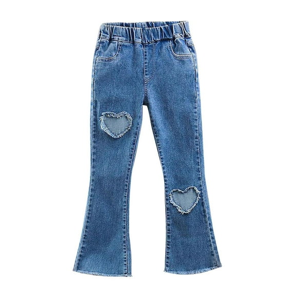 POIUYTR Summer Girls' Flared Jeans - Heart Print Denim Pants Bell Bottom Jeans for Ages 3-14Y with School Play & Weekend Styles