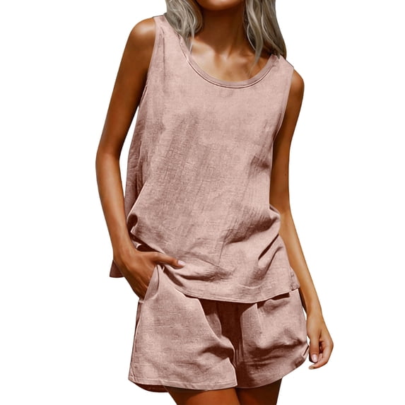 POIUYTR Cotton Linen 2 Piece Sets for Womens Summer Tank Tops Loose Wide Leg Shorts Casual Outfits With Pockets