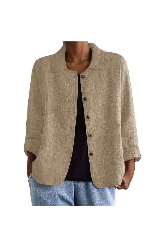 Cotton Linen Jackets for Women Casual Lapel Single Breasted Long Sleeve Coats Summer Trendy Shacket