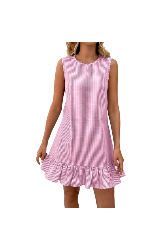 Cotton Linen Sundress for Womens Summer Crewneck Ruffle Hem Sleeveless Shift Dress Casual Mini Dresses