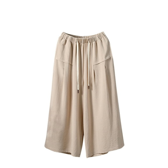 POIUYTR Culottes for Women Elastic Waist Drawstring Wide Leg Capri Pants Casual Loose Palazzo Cropped Trousers with Pockets