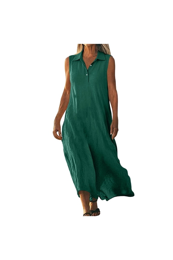 Faux Cotton Linen Sundress for Women Summer Casual Lapel Button Sleeveless Maxi Dresses Business Loose Tank Dress