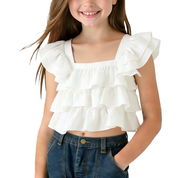 POIUYTR Girls Summer Casual Tank Tops Vacation Scoop Neck Ruffle Cap Sleeve Shirts Kids Beach Flowy Camisole