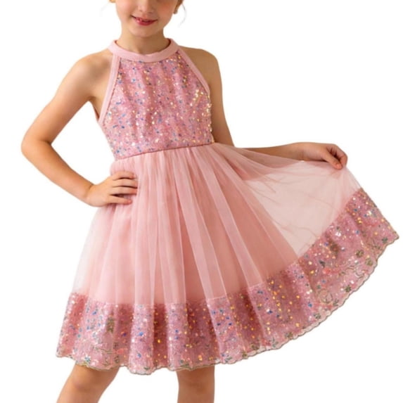 POIUYTR Girls Summer Tank Dress Casual Halter Mesh Flowy Sleeveless Dresses Kids Vacation Sundress 3-8 Years