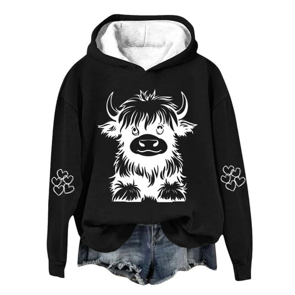 POIUYTR Highland Cow Hoodie for Women Warm Fleece Cowgirl Sweatshirt Funny Cute Graphic Shirt Long Sleeve Pullover Tops