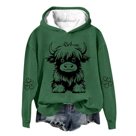 POIUYTR Highland Cow Hoodie for Women Warm Fleece Cowgirl Sweatshirt Funny Cute Graphic Shirt Long Sleeve Pullover Tops