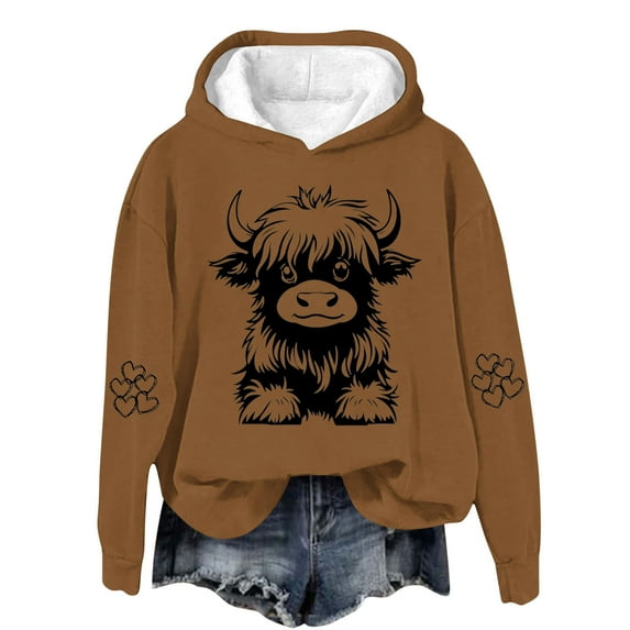 POIUYTR Highland Cow Hoodie for Women Warm Fleece Cowgirl Sweatshirt Funny Cute Graphic Shirt Long Sleeve Pullover Tops