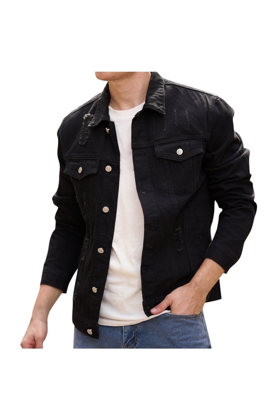 Jean Jacket for Men Fall Casual Slim Fit Ripped Denim Coat Fashion Button Down Long Sleeve Washed Classic Trucker Jacket with Pockets