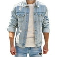 thumbnail image 1 of POIUYTR Jean Jacket for Men Fall Casual Slim Fit Ripped Denim Coat Fashion Button Down Long Sleeve Washed Classic Trucker Jacket with Pockets, 1 of 5