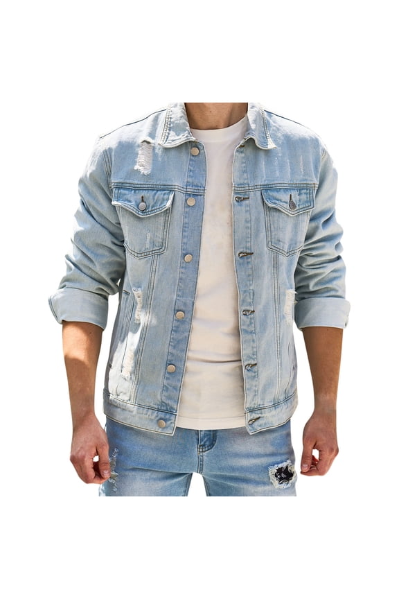 Jean Jacket for Men Fall Casual Slim Fit Ripped Denim Coat Fashion Button Down Long Sleeve Washed Classic Trucker Jacket with Pockets