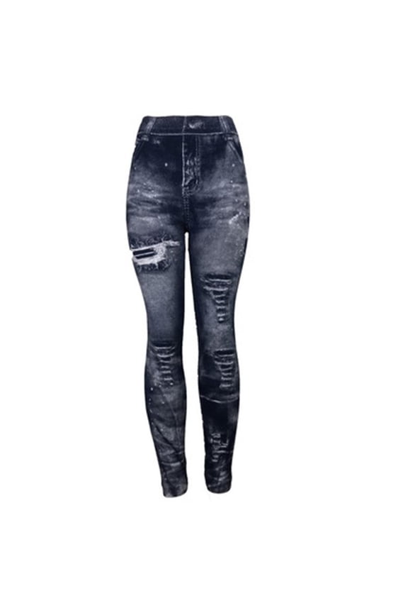 Jean Look Leggings for Women High Waist Tummy Control Ripped Denim Jeggings Soft Stretch Skinny Seamless Full Leggings with Pockets
