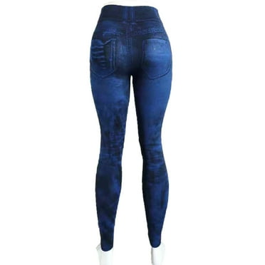 POIUYTR Jean Look Leggings for Women High Waist Tummy Control Ripped Denim Jeggings Soft Stretch Skinny Seamless Full Leggings with Pockets