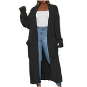 POIUYTR Long Cardigan Sweaters for Women Open Front Long Sleeve Chunky Cable Knit Maxi Duster Cardigans with Pockets Fashion Fall Winter Coat