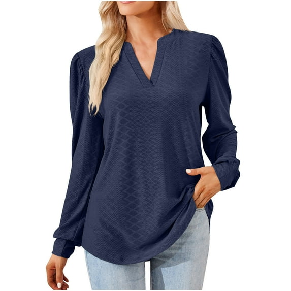 POIUYTR Long Sleeve Shirt for Women Casual V-Neck Loose Fit Tunic Blouse Fashion Solid Color Dressy Pullover Tops 2024 Fall Outfits