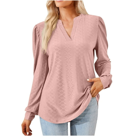POIUYTR Long Sleeve Shirt for Women Casual V-Neck Loose Fit Tunic Blouse Fashion Solid Color Dressy Pullover Tops 2024 Fall Outfits
