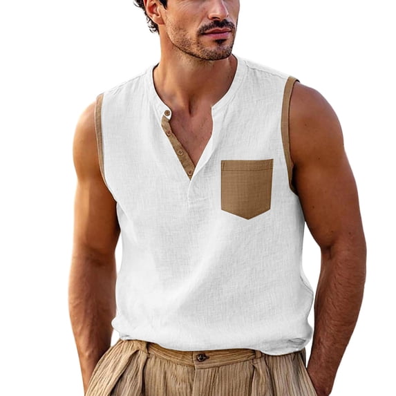 POIUYTR Men Casual Cotton Linen Tank Tops Summer V Neck Solid Color Sleeveless Shirts Loose Camisole With Pockets