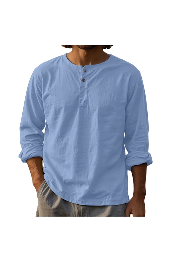 Men Cotton Linen Shirts Summer Casual Henley Long Sleeve Tshits Vacation Loose Solid Color Pullover Tops
