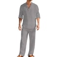 thumbnail image 1 of POIUYTR Men Summer 2 Piece Sets Casual Long Sleeve Button Shirts Wide Leg Pants Vacation Beach Loose Outfits Set, 1 of 6