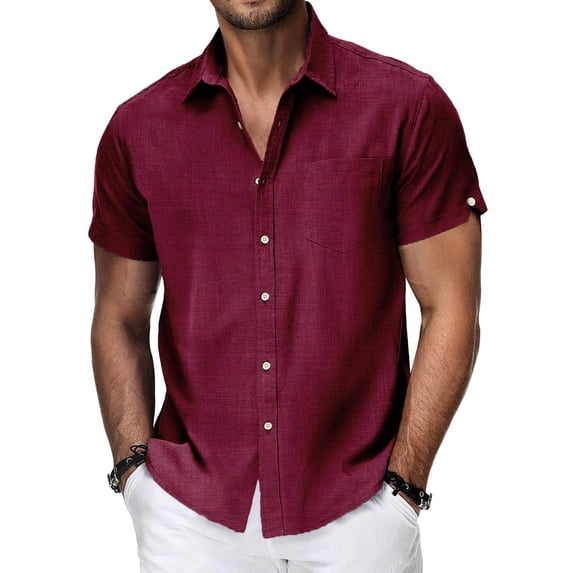 POIUYTR Men Summer Cotton Shirts Casual Loose Short Sleeve Collared Button Blouses Business Work Soft Comfy Solid Color Tops
