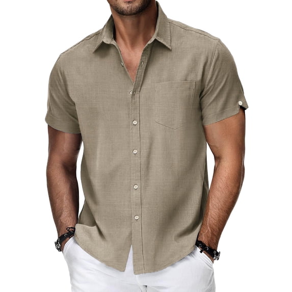 POIUYTR Men Summer Cotton Shirts Casual Loose Short Sleeve Collared Button Blouses Business Work Soft Comfy Solid Color Tops
