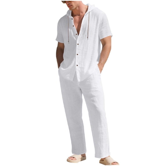 POIUYTR Men Summer Linen 2 Piece Sets Casual Short Sleeve Button Shirts Straight Leg Pants Loose Fit Outfits Set