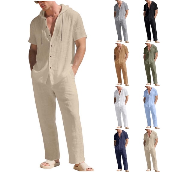 POIUYTR Men Summer Linen 2 Piece Sets Casual Short Sleeve Button Shirts Straight Leg Pants Loose Fit Outfits Set