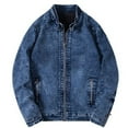 thumbnail image 1 of POIUYTR Men's Denim Jacket Fall Casual Stand Collar Zipper Distressed Jean Jacket Fashion Long Sleeve Moto Trucker Coats with Pockets, 1 of 2