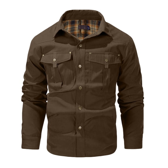 POIUYTR Men's Shirt Jacket Long Sleeve Flannel Lined Shacket Trendy Button Down Coat Rugged Fall Casual Windbreaker Outerwear with Pockets