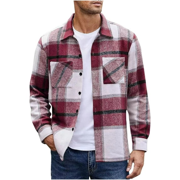 POIUYTR Mens Plaid Shirt Long Sleeve Button Down Flannel Shirts Casual Lightweight Cotton Soft Collared Dress Shirts Coat with Pockets
