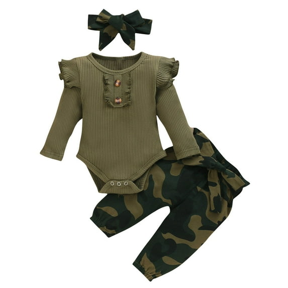 POIUYTR Newborn Baby Girl Clothes Ruffle Ribbed Knit Romper and Camo Pants with Headband Sets Toddler Infant Outfit