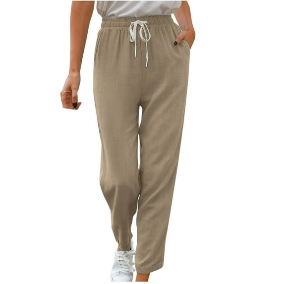 POIUYTR Pajama Pants for Women Casual Summer Elastic Waist Drawstring Wide Leg Pants Comfy Cotton Linen Loose Fit Lounge Trouser with Pockets