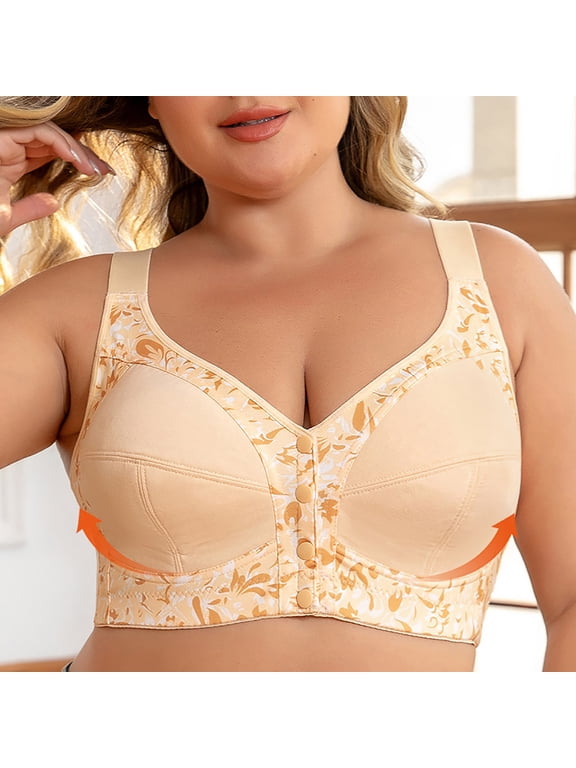 Plus Size Front Closure Bra - Wireless Full Coverage Support with Wide Band Print Comfort Bras for Women DD/DDD Cup (Beige/Black)