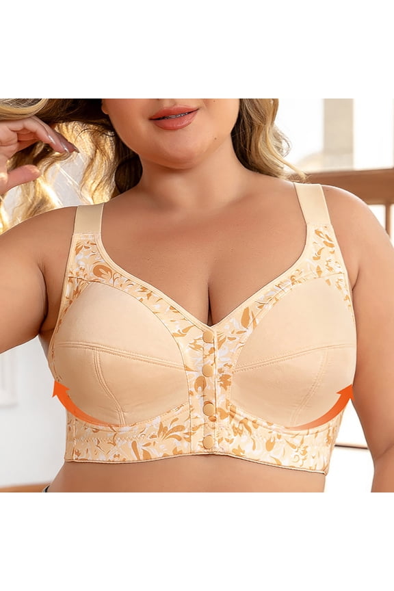 Plus Size Front Closure Bra - Wireless Full Coverage Support with Wide Band Print Comfort Bras for Women DD/DDD Cup (Beige/Black)