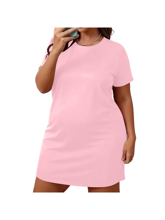 Plus Size Women Summer T-shirt Dress Casual Crewneck Short Sleeve Shift Dresses Loose Fit Mini Dress