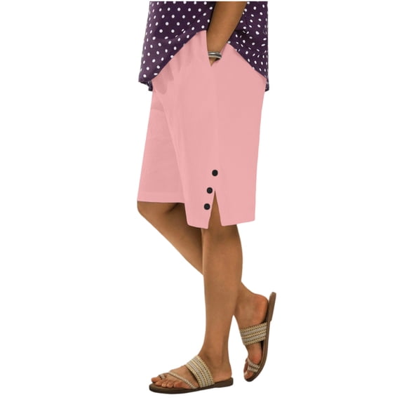 POIUYTR Plus Size Womens Cotton Linen Shorts Summer High Waist Button Split Hem Short Pants Vacation Sweat Shorts