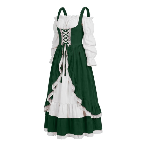 POIUYTR Renaissance Gothic Maxi Dress for Women Medieval Renfaire Peasant Halloween Costume Ruffle Hem Long Sleeve Dresses X-3XL