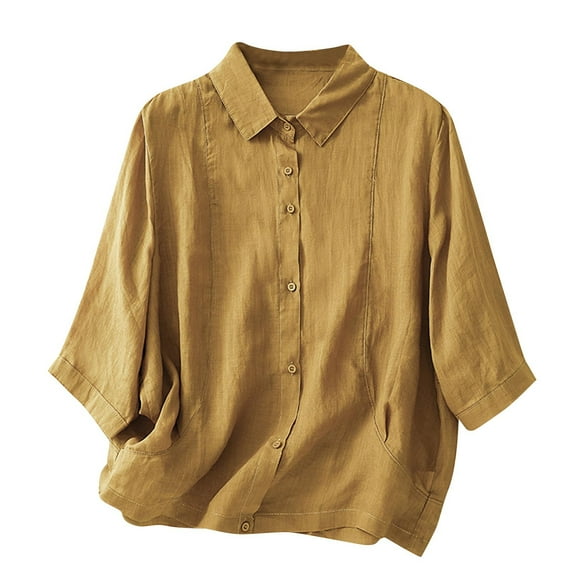 POIUYTR Shirts for Women Cotton Linen Trendy Summer 3/4 Sleeve Button Down Solid Color Blouse Lightweight Dressy Casual Work Shirts Tops