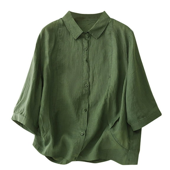POIUYTR Shirts for Women Cotton Linen Trendy Summer 3/4 Sleeve Button Down Solid Color Blouse Lightweight Dressy Casual Work Shirts Tops