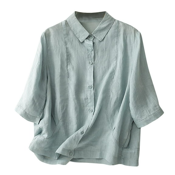 POIUYTR Shirts for Women Cotton Linen Trendy Summer 3/4 Sleeve Button Down Solid Color Blouse Lightweight Dressy Casual Work Shirts Tops