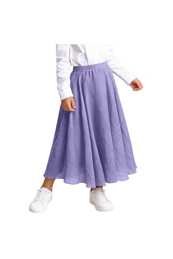 Summer Cotton Long Skirt for Girls Casual High Waist Bell Maxi Skirt Kids Vacation Solid Color Skirts