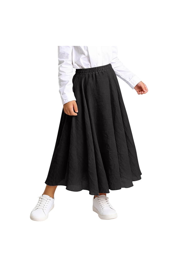 Summer Cotton Long Skirt for Girls Casual High Waist Bell Maxi Skirt Kids Vacation Solid Color Skirts