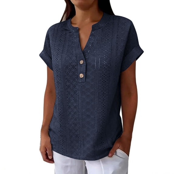POIUYTR Summer Eyelet Shirts for Women Casual V Neck Button Short Sleeve Blouses Loose Solid Color Tops