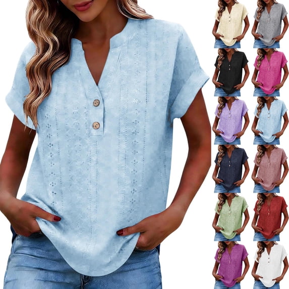 POIUYTR Summer Eyelet Shirts for Women Casual V Neck Button Short Sleeve Blouses Loose Solid Color Tops